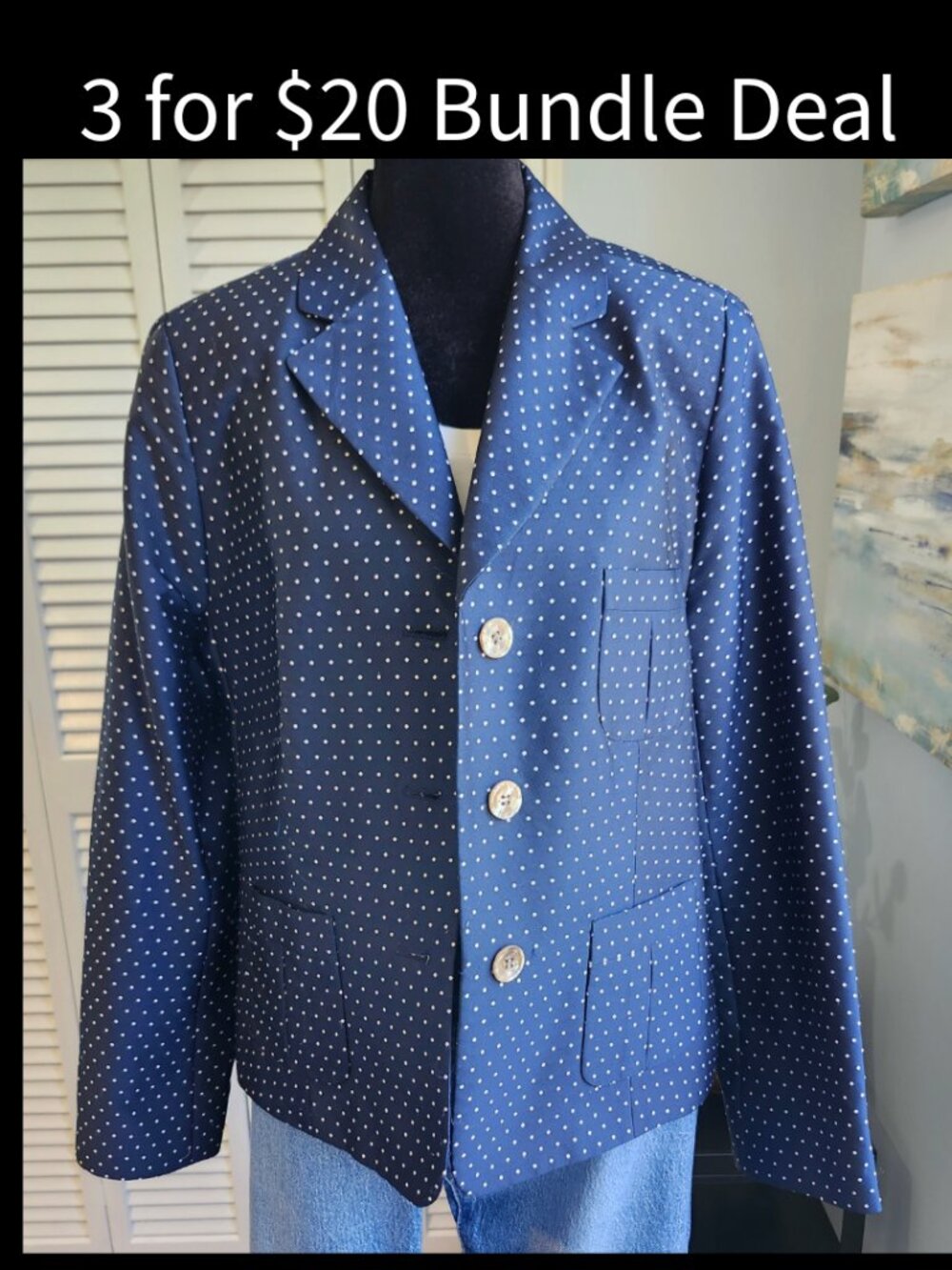 Barnard Zins Navy Blue Dotted Blazer Size 10 Silk Career Coastal
